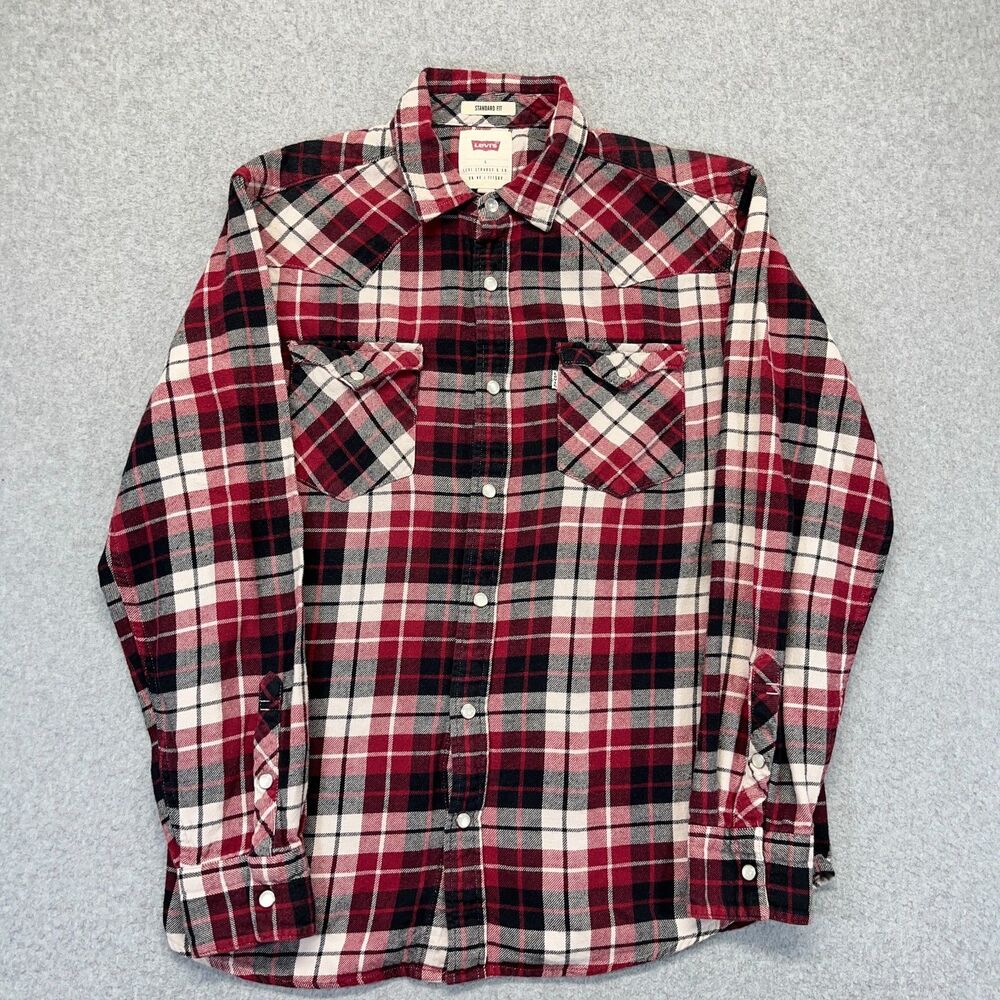 Levi’s Plaid Flannel Shirt Women’s Small Red Black Pearl Snap Long Sleeve